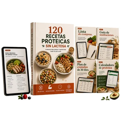 Recetario 120 Recetas Proteicas Sin Lactosa junto a la versión digital y los 4 bonos incluidos