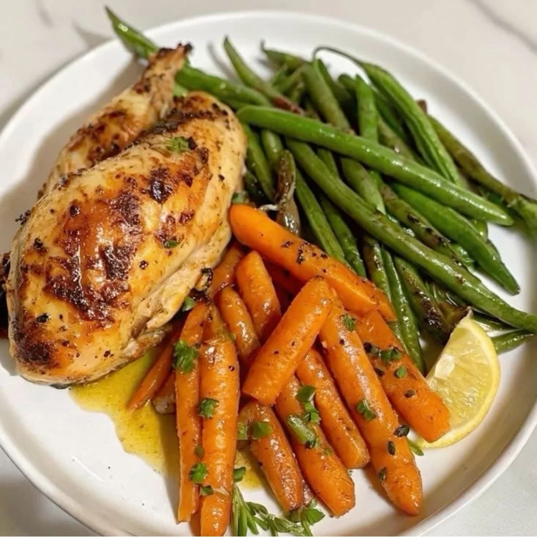 Pechuga de pollo al horno con ejotes y zanahorias