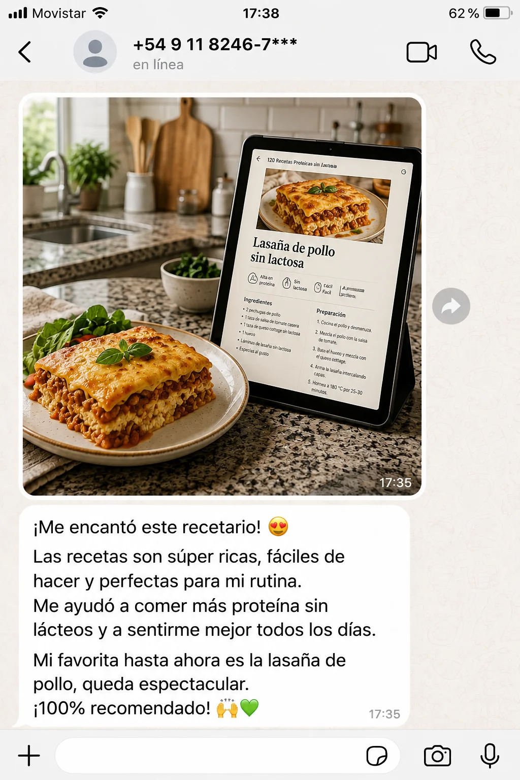 Testimonio de una clienta sobre la lasaña de pollo sin lactosa