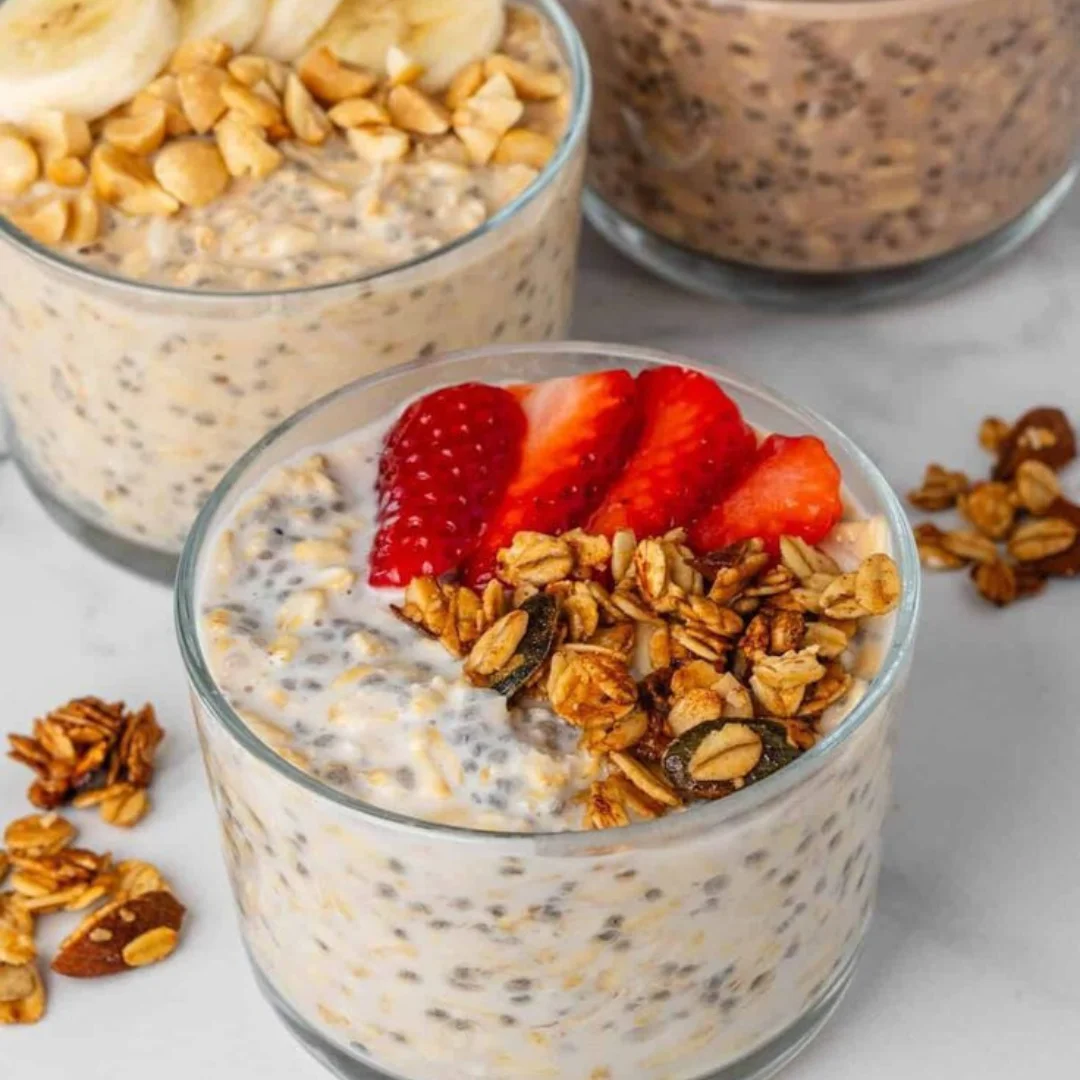 Overnight oats proteicos con fresas y granola