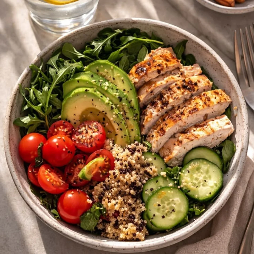Bowl proteico con pollo a la plancha, quinoa y aguacate