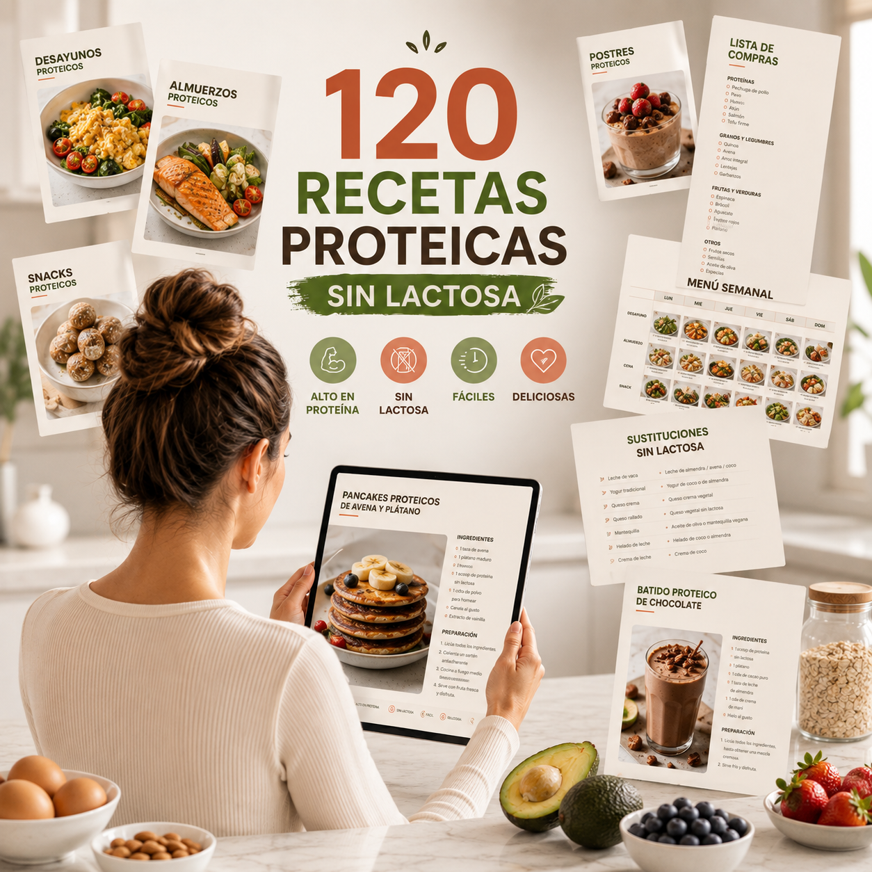 Persona consultando una receta proteica sin lactosa en el celular mientras prepara un bowl en la cocina