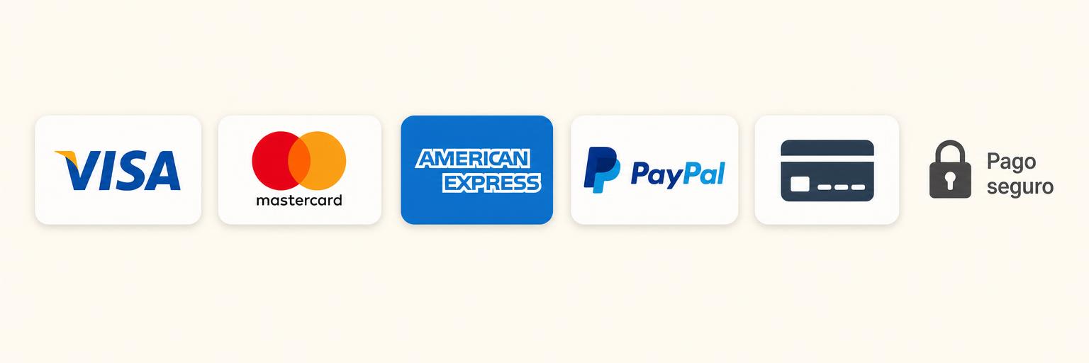 Métodos de pago aceptados: Visa, Mastercard, American Express, PayPal y tarjeta de débito