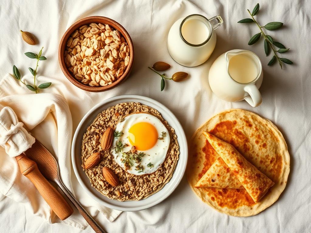 Desayunos altos en proteína sin lactosa servidos sobre mantel de lino